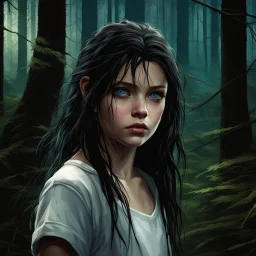 12 year old girl with dark tangled hair and blue eyes wearing a ripped and dirty white teeshirt, in a forest , photorealistic, dark fantasy