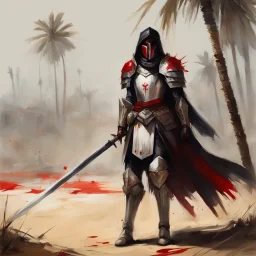 [art by Guy Borremans] bloody Templar of the Oath of Silence on the battlefield with her mace and palmtree crab armour