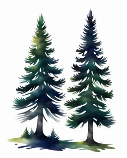 2 isolated spruce/pine trees with ground shadow, stylized graphic with watercolor for logo