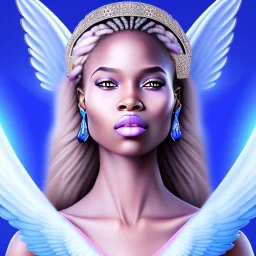 portrait of a beautiful african woman with an angel face smiling,long blond hair, blue eyes, pink and blue dress, jewels, soft light aura