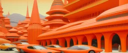 A salmon orange colored city with racecars painted by Frank Lloyd Wright