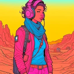 Moebius style scifi girl with headphones and exosuit solid colors with a desert and dusty station in the background