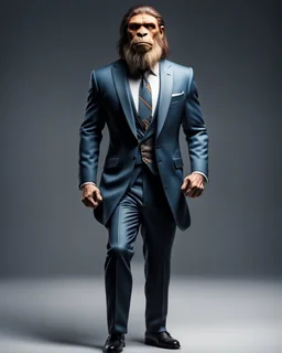 Full body del Hombre de Neandertal con traje, corbata y zapatos, calidad ultra, hiperdetallado, colores contrastantes