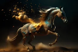 a sand horse explodes into a thousand pieces and melts into clouds of smoke-like being created out stone with glowing ornaments (coming out from the ground), dust dances around the horse, wooden natural pieces and ornaments, RAW, intricate, vibrant colors, award winning image, 16k, global illumination, depth of field