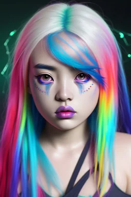 asian billie elish with rainbow hair, epic colour treatment, cinematic colour treatment, meticulously intricate perfectly symmetrical extremely detailed, pixiv daily ranking, pixiv, extreme depth of field, artstation, spectacular details, volumetric lighting, masterpiece, cinematic, Hollywood production, 8k resolution, high definition, max octane render, vivid colors, max resolution, max perfectionism, realistic composition, professional photography, unre