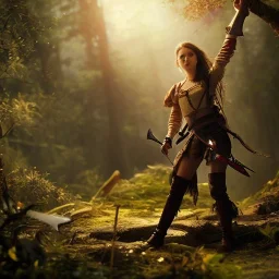 realistic, young spanish pirate girl with a short sword fighing a giant metal monster with blood. in the forest. 3k, cinematic, gloom lights. biutiful, cute, simmetric