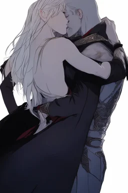 Couple from dnd kissing, woman with white hair wearing a dress, man with long black hair tunic and red cloak.