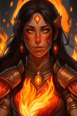 Capture the fierce essence of a female Paladin Druid, her eyes ablaze with fiery magic as she conjures flames with her hands. Bright black, half-braided hair appears infused with the essence of fire, complementing her light magical armor. A prominent scar on her face tells tales of battles faced and conquered, all against the canvas of her tanned skin, embodying strength and elemental mastery.