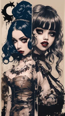 Poster in two gradually, a one side malevolent goth vampire girl face and other side the Singer Melanie Martinez face, full body, painting by Yoji Shinkawa, darkblue and sepia tones,