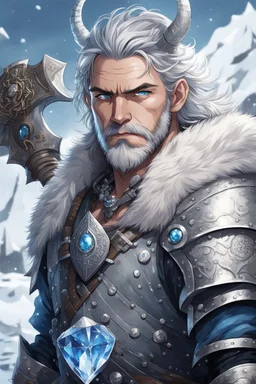 in anime style, 1man, a man with blue eyes and grey hair man in silver Viking armor with fur around the neck with blue crystal on his chest holding an axe in his hands standing on a pirate ship in the artic, warrior in anime style,