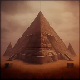 a old pyramid in the mountains with wide fields, scary, steam punk, realistic, made in octane, cinematic, ultra-realistic, extremely detailed octane rendering, 8K, VRAY Super Real ar 2:3, dof photorealistic futuristic 50mm lens hard lighting dark gray tintype photograph, realistic lighting, sepia color