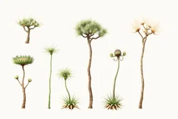 "Isolated concept art of multiple types of alien tree plant on a plain neutral background. Designed for Desert biome – dry, spiky, brittle grass with sharp edges, thorn-like blades, and pale dusty colors