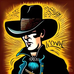 Caricatura de un hombre con sombrero vaquero de aleron grande negro cara levantada cuerpo completo