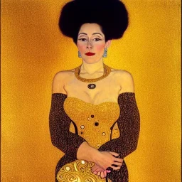 Retrato de cuerpo entero de una mujer bella vestida de oro voluptuosa con el estilo de Gustav Klimt