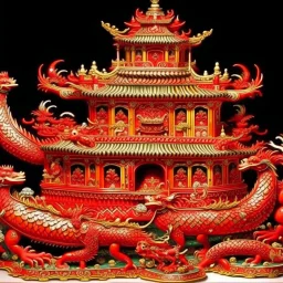 A red palace with pepper dragons designed in Chinese paper art painted by Peter Carl Faberge