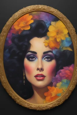 Elizabeth Taylor's face inside a round gold frame, multicolored, large, Floral/rainbow designs, atmospheric, beautiful, bright, vibrant colors, pitch-black background, oil painting by Boris Vallejo, 4k UHD, Photorealistic, professional quality