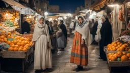 A full-length Palestinian girl wearing an embroidered dress and a white embroidered shawl buys oranges from an old seller wearing a keffiyeh in the market of Jerusalem, 100 years ago, at night with multi-colored lights reflecting on her.