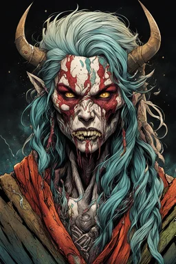 highly detailed full color, concept illustration of an ancient, haggard, world weary, female druid anti heroine character , maximalist, sharp focus, highest resolution, in the styles of Alex Pardee, Denis Forkas , and Masahiro Ito, boldly inked, 8k, coarse, gritty textures