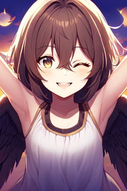 Close up of trendy anime Girl standing on edge of cliff, head towards the sky, eyes closed, sun on face, thankful and smiling, arms open like wings