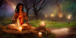 beautiful african lady meditating at night with candles in a enchanted forest, fotorealistic, high quality, landscape, 17, chalice well