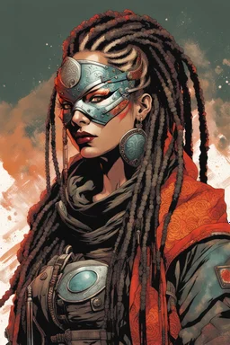 front facing full length portrait illustration of a grunge armored female , beaded dreadlock hair, cyberpunk vampire mercenary wearing an ornate kitsune noh mask , and shemagh, highly detailed with gritty post apocalyptic textures, caught in a cosmic maelstrom of swirling gases , finely detailed facial features and hair, in the graphic novel style of Bill Sienkiewicz, and Jean Giraud Moebius, ink wash and watercolor with realistic light and shadow