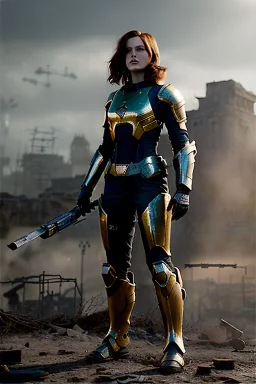 ultrarealistic, ruined city,__revealing sci-fi armor__, no star, __angles__, 18 year old woman, strikingly beautiful,ginger hair, _colour_, [__starlets__|__starlets__], (pale __skincolor__ skin:1.2), __camera__, _hair_, detailed face and eyes, medium breasts, sci-fi theme, freckles, dynamic pose, resolved expression, __accessory__, strappy outfit, (straps:1.1), sword in scabbard on left hip, (buckles, buttons, snaps, rings:1.0), haltertop style breastplate, detailed eyes, plump lips