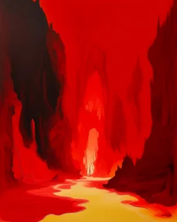 A light red fiery brimstone cavern painted by Clyfford Still