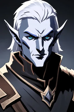 Generate a dungeons and dragons character portrait of the face of a male drow elf ranger. He has white hair, eyebrows. He has blue eyes.