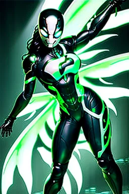 Cyborg symbiote, white color, green color, tendrils, high tech, cyberpunk, biopunk, membrane wings, carbon fiber