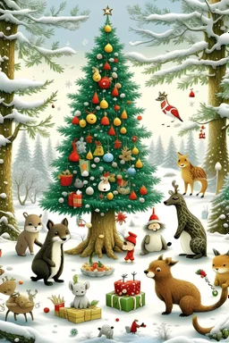 A festive woodland scene with animals wearing Santa hats and exchanging gifts under a snow-covered tree.