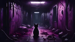 dark place, cozy place, technological,small black cat in the distance, body horror, creepy, fantasy, hook, violet, meat, underground, magic, cells, blood