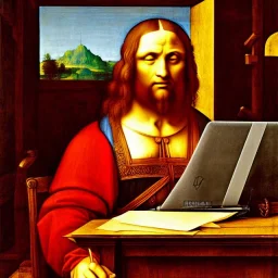 leonardo da vinci works on laptop at his desk. painting in photoshop. hyperdetailed, warm colors, movie poster, oil on canvas, lens flare