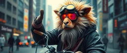Rembrandt wall poster of transparent biker weasel rasta man with cute fur, in big cyberpunk city crossover, volume light and motion blur, airbrush and pen outline