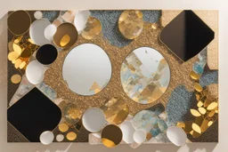 pool mosaic, 3D mirror pieces, beautiful composition, holographic marble pieces, brunette female, dessert shop, flowers, ethereal in sunshine, shading pastel and charcoal golden and ochre, golden glitter, , golden patina, corrosion