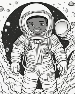 coloring page, depicting a black kid as an Astronaut, full body, outline, black and white, highly defined, white background, empty background, cartoon style, coloring book style