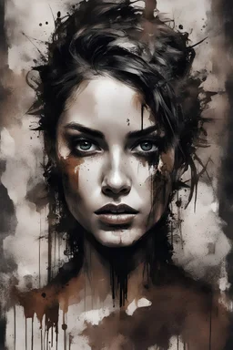 Portrait of a female beauties, expressive eyes, skin is made out of chocolate, gritty background, , grunge, graffiti, neo-expressionist , Russ Mills, Ian Miller