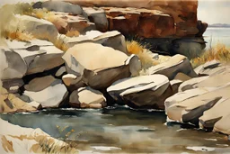 Clludy day, rocks, cliffs, arid land, river, weeds, winslow homer watercolor paintings