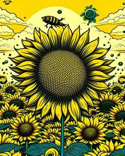 giant sunflower, with beautiful bees flying around, in shephard fairey style graphic, urrounded by golden leaves, sharp detailed graphic, garden background with blue sky and white clouds.