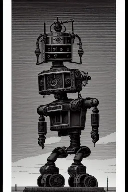 As monochrome image of a steampunk robot, by kawase hasui, moebius and edward hopper,gustave dore, colorful flat surreal design, hd, 8 k, artstation