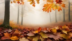 Theme Autumn. Triple exposure. Bottom layer is a misty view of an autumnal forest, leaves changing colour, fallen leaves on the ground. Second layer shows chestnuts, acorns, berries from a closer viewpoint. Top layer is semi-transparent and shows large perfect autumnal maple leaves. The whole image melds together into a commentary on the autumn season in nature.