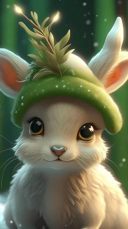 White baby deer wearing a hat covering her ears Hiding In Fluffy Thick Pine Branches, Full-Back Hood Fur, Mother Of Pearl, Caricature, Realism, Beautiful, Delicate Shades, Sweetness, Lights, Intricate, CGI, Art Botanical, Animal Art, Art Decor, Realism, 4k, Detailed Drawing, Depth Of Field, Digital Painting, Computer Graphics, Raw Foto, HDR