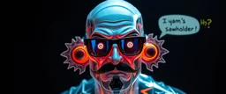 cool transparent guy made with nano tape and with shades and mustache and bald head, saw blade beholder eye tyrant flating beholder kin with eyes on each saw blade tooth saying "fun? huh?"
