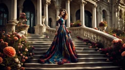 stunning fashion photo of a woman stands nice stairs best pose in extreme weird dress in garden, her is perfect beauty face, perfect full body, sunshine, , lace, deep colors, fine flower patterns, geometric, high detailed, sharp focus, stunning weird fashion, futuristic-Rococo style, best quality , professional photographer, best nikon shoot