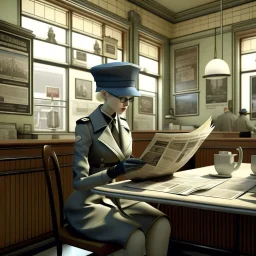 policewoman in coffee shop, reading newspaper, cool scene, by ray caesar