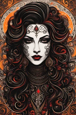 an abstract portrait of a goth punk vampire girl from calligraphic letters, flourishes, and swirls , finely drawn and inked, in classic Arabic calligraphy, 4k, hyper detailed in the style of EL SEED and vibrantly colored in the style of GUSTAV KLIMT