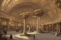 a round plaza, a Roman arcade with arches curved around it, by artist "Leonora Carrington"