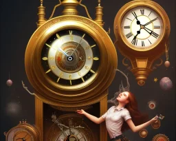 a big clock going to perish, a girl pulling the clock, clock flying away perishing, realistic, intricately detailed