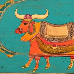 cow with wings holding a lotus riding a ship in Indian painting style