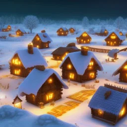 tiny fantasy farming village at night with wooden buildings in winter