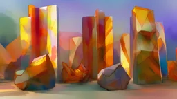 Grayscale abstract sculpture park, art style watercolor painting, metal smooth abstract shapes in distance, glass cubes with vivid dark amber glass in foreground, soft golden hour lighting